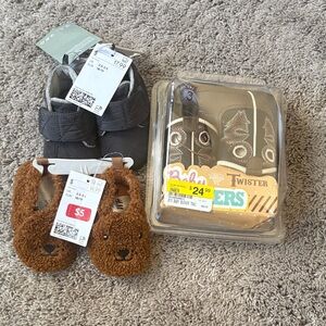 H&M Gray Quilted Baby Boots with Brown Plush Bear Slippers